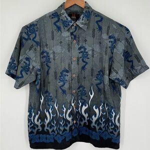 Emergency Exit Men’s Blue Flames And Dragons Black Gray Button Up Size Large F1